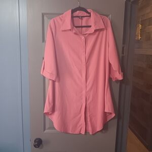 SHEIN Pink Roll-Sleeve Button Tunic